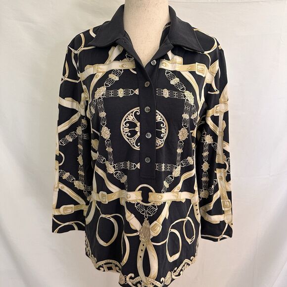 J. McLaughlin Womens Catalina Cloth Top M Equestrian Gold Popover Polo Shirt - Picture 1 of 8